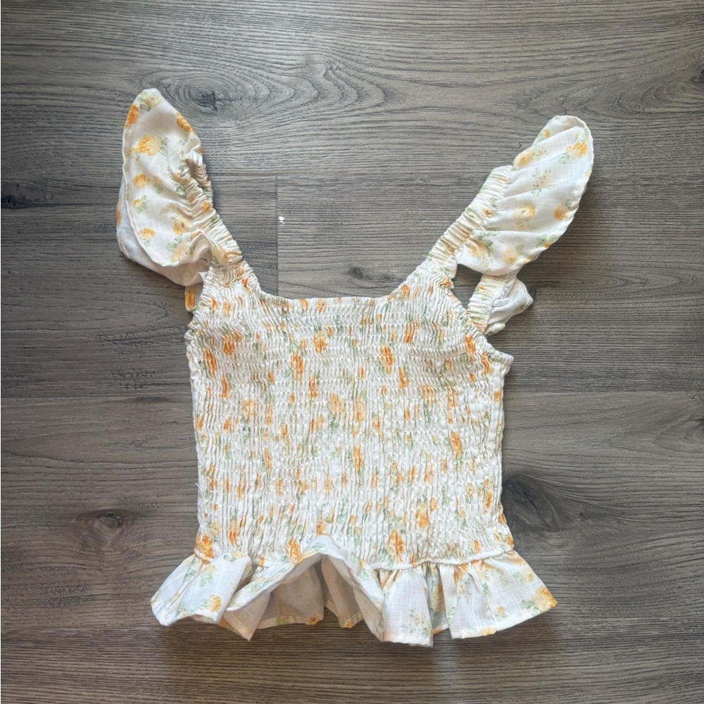 SHEIN Cream and Orange Floral Smocked Blouse